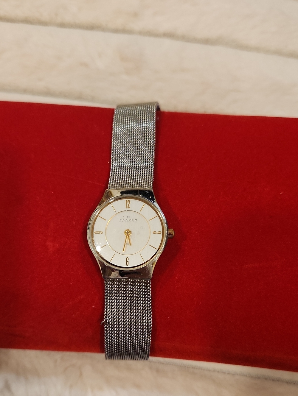 Skagen Silver Mesh Watch with White Dial and Gold Accents
